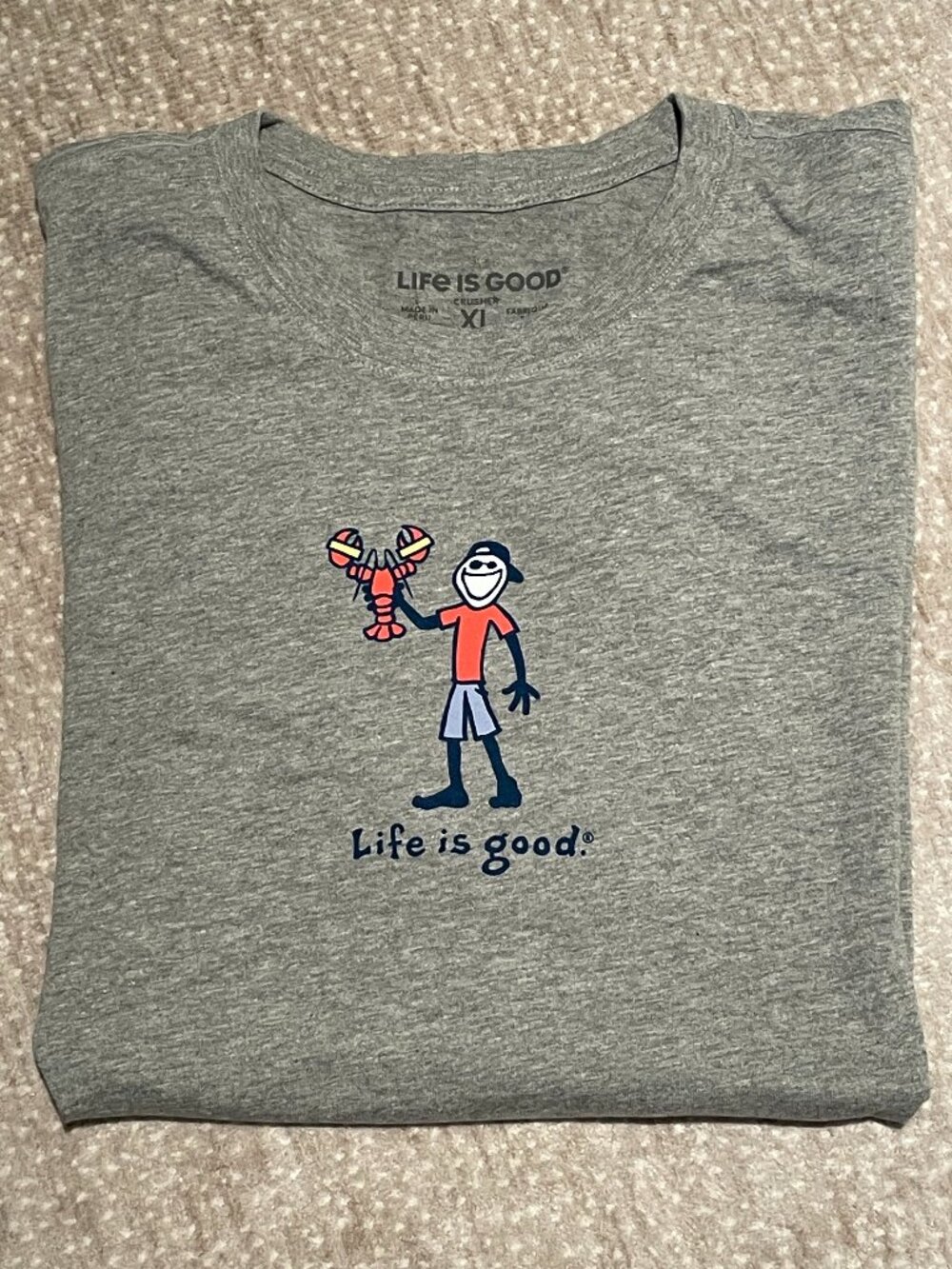 NWOT Life is Good Men's XL T-Shirt, Crusher, Heather Gray, Jake, Lobster Graphic